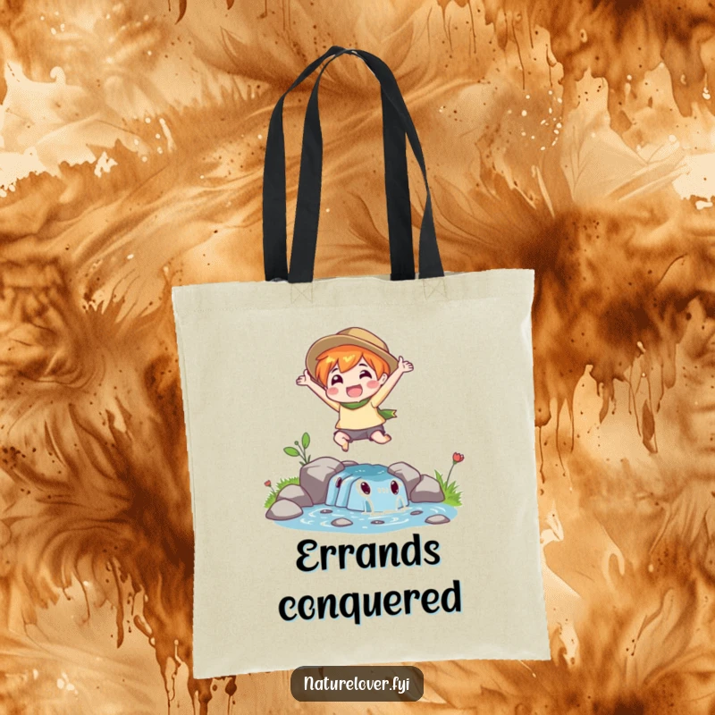 Funny Stream Jumper Tote Bag: A nature lover character leaps over a small stream, a humorous and practical accessory.