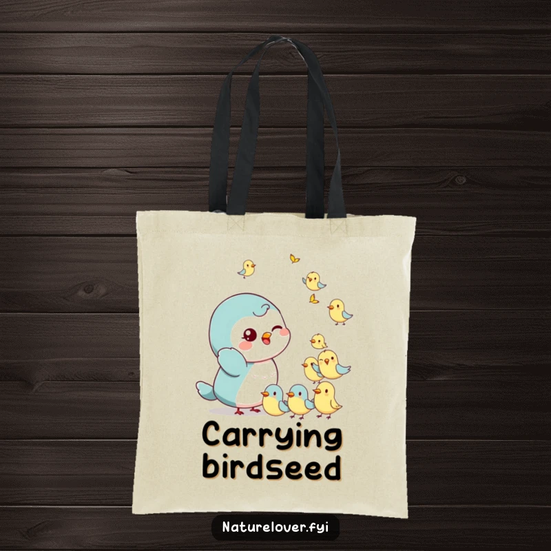 Funny Tote Bag: Small character with a playful wink waves at tiny, cheerful birds, perfect for carrying items with friendliness.