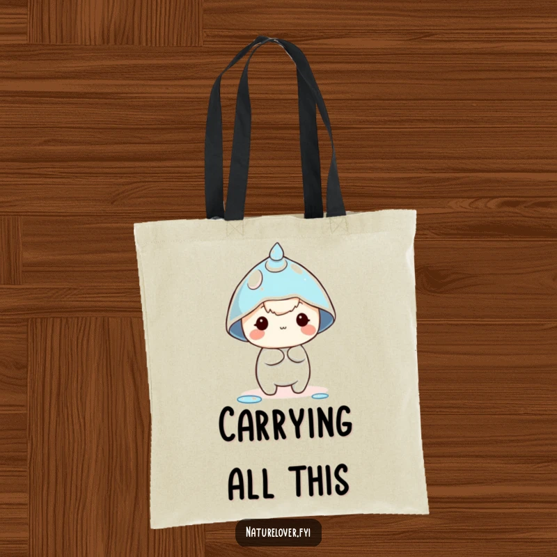 Funny dewdrop hat tote bag featuring a tiny character comically attempting to wear a dewdrop as a hat, perfect for shopping fun.