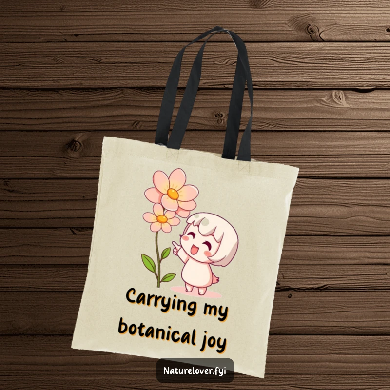 Funny tote bag illustrating a cute character in awe of a blooming flower, highlighting admiration and a love for nature.
