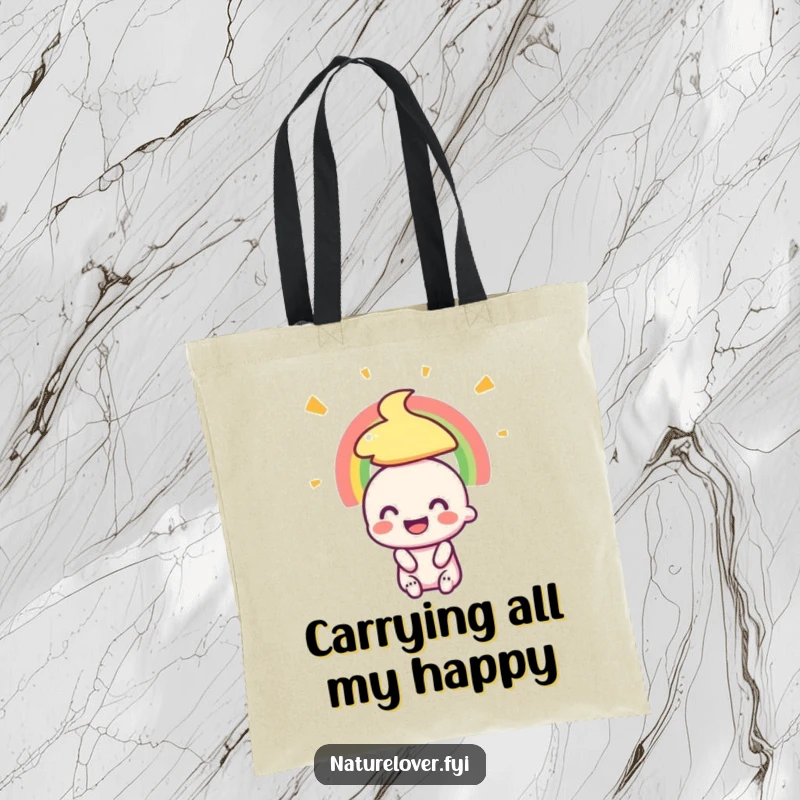 Funny tote bag with a tiny character's ecstatic smile admiring a vibrant rainbow, perfect for carrying joy and essentials.