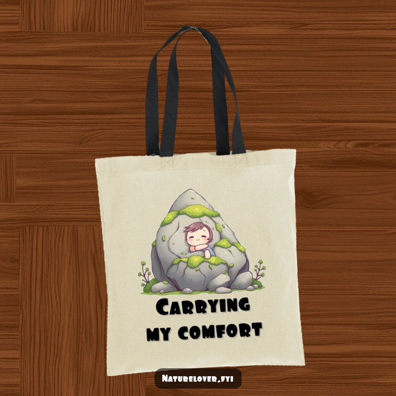 Funny tote bag with a cute character happily hugging a large, moss-covered rock, perfect for carrying items with a natural, humorous vibe.