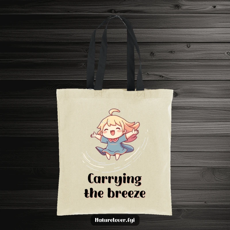 Funny joyful breeze tote bag with a character riding a swirling breeze, perfect for carrying essentials with happiness.