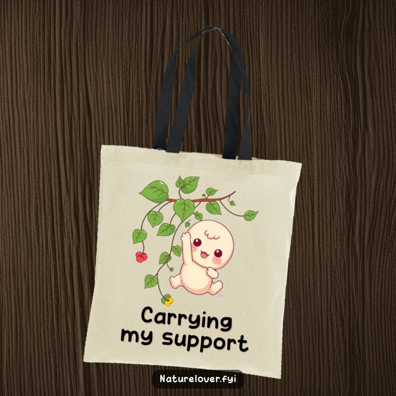 Funny tote bag illustrating a kawaii character playfully dangling from a vine, capturing whimsical fun.