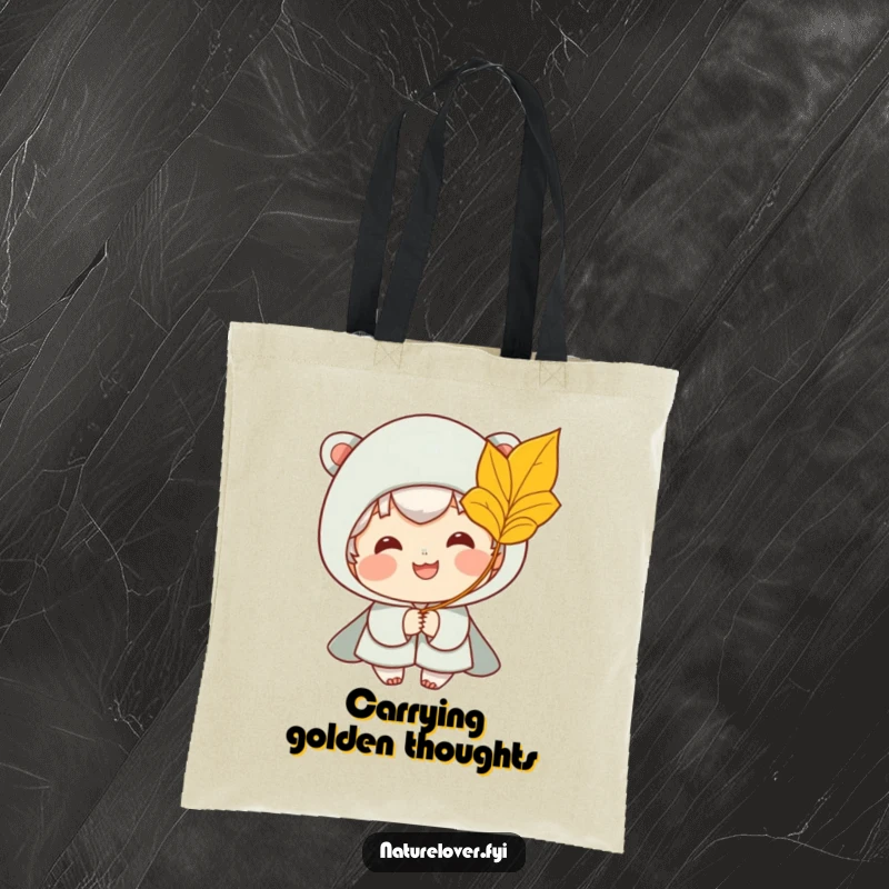 Funny tote bag illustrating a smiling character happily receiving a golden leaf from a gentle breeze, perfect for fall outings.