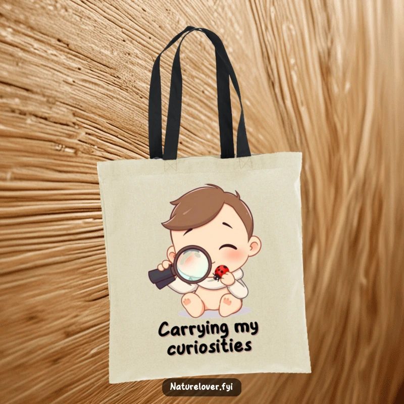 Funny tote bag with a character using a magnifying glass to curiously examine a tiny ladybug, perfect for nature lovers.