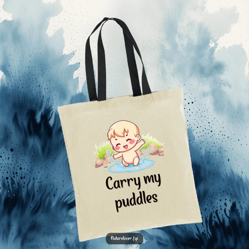 Funny joyful character gleefully splashing in a small puddle, depicted on a practical and humorous tote bag.
