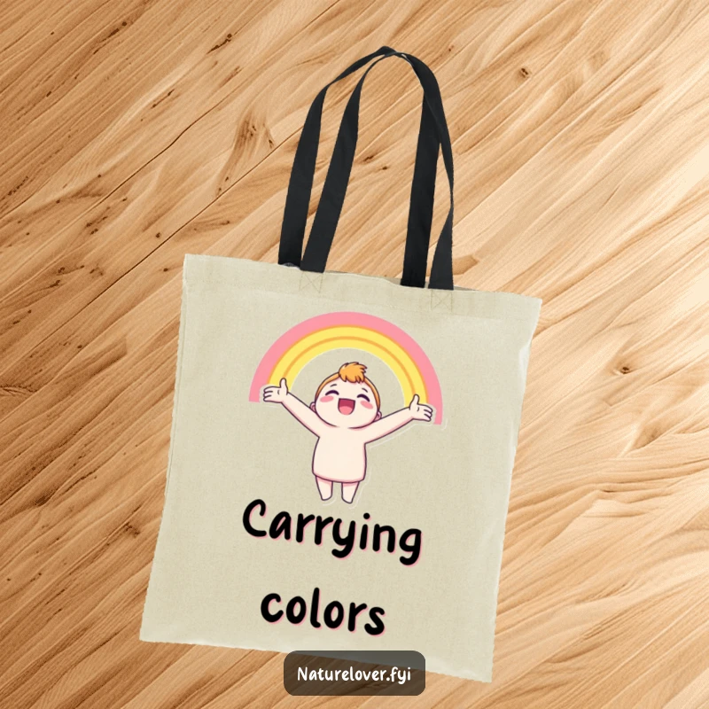 Funny tote bag with a character joyfully holding arms outstretched, beaming at a bright and beautiful rainbow.