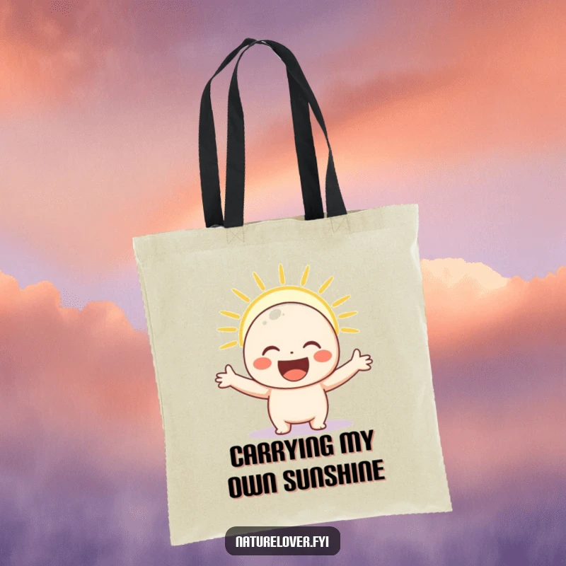 Funny tote bag featuring a cheerful character with arms wide, embracing a bright ray of sunshine, perfect for carrying happiness.