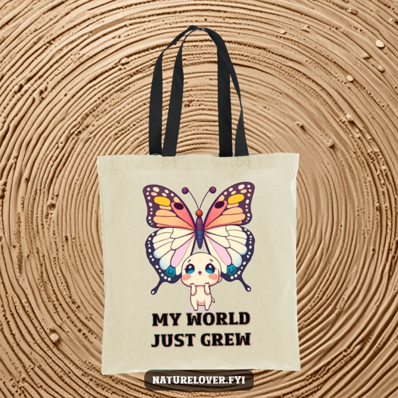 Funny tote bag: cute character is amazed by a huge, colossal butterfly. Practical and humorous gift.
