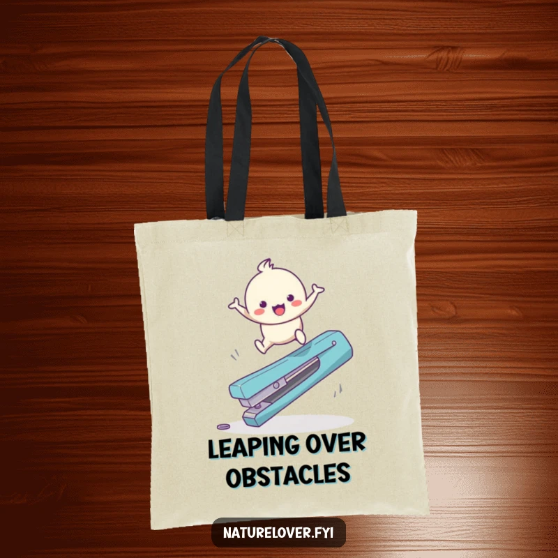 Funny Tote Bag: Cute character happily bounces over a giant fallen twig, perfect for carrying everyday items with cheer.