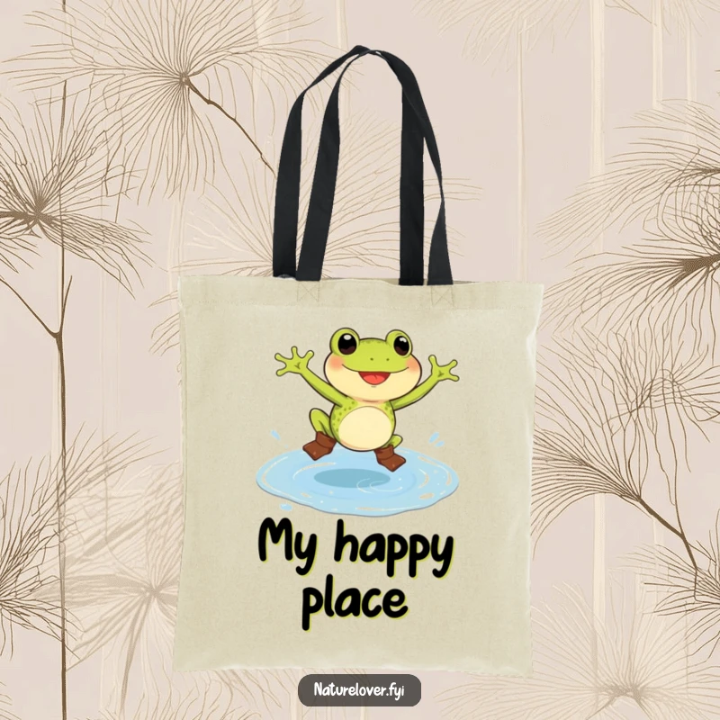 Funny frog tote bag depicting a delighted frog in tiny boots, jumping in a colossal puddle, practical and humorous.