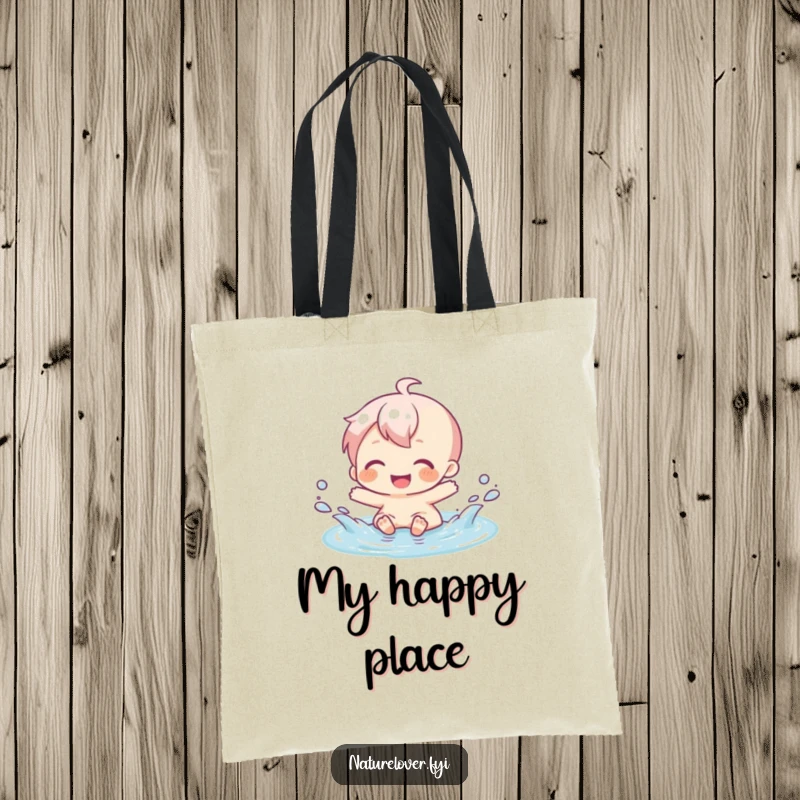 Funny tote bag showing a character gleefully splashing in a tiny puddle, perfect for carrying essentials with joy.