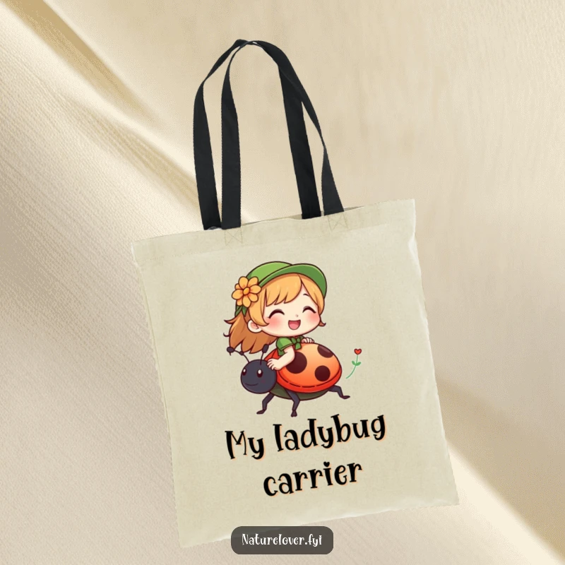 Funny tote bag with a nature lover character giggling while riding on the back of a friendly ladybug, perfect for essentials.