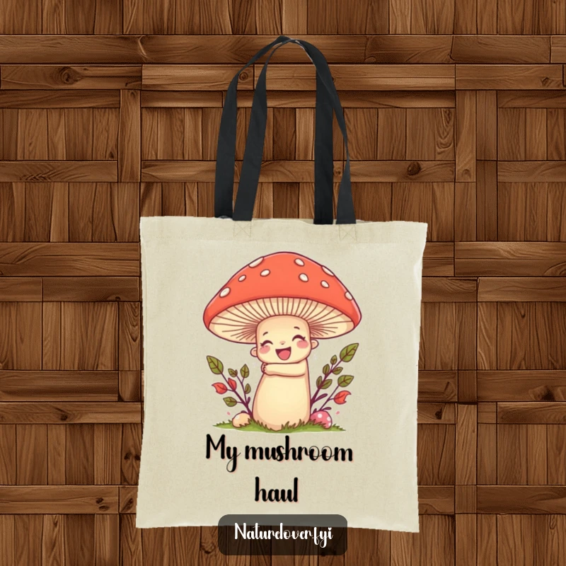 Funny tote bag with a nature lover character enthusiastically hugging a large, smiling mushroom, perfect for carrying essentials.