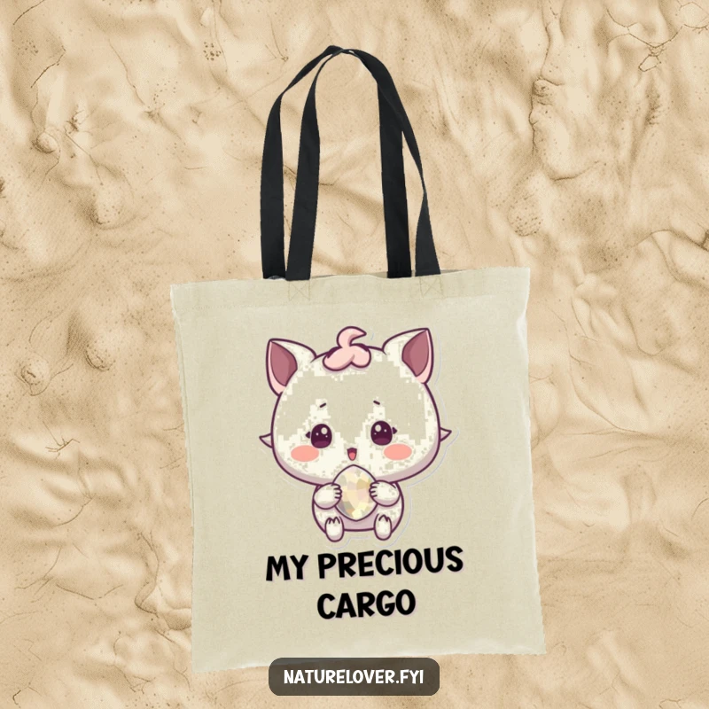 Funny Tote Bag depicting a character in surprised delight holding a sparkling pebble, perfect for carrying treasures.