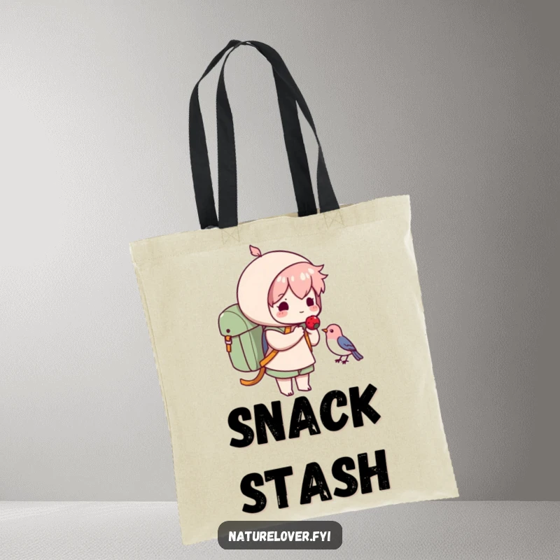 Funny tote bag showing a cute character with a backpack offering a berry to a small bird, perfect for a funny animal lover.